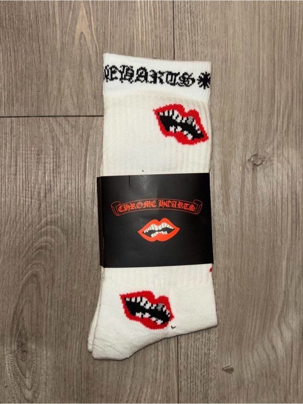 Chrome Hearts White Crew Socks with Red Lip Motif